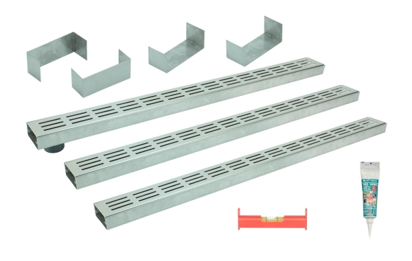 Entwässerungsrinnen Edelstahl superflach Rost Längsschlitzdesign SET Typ 3, System 35/80